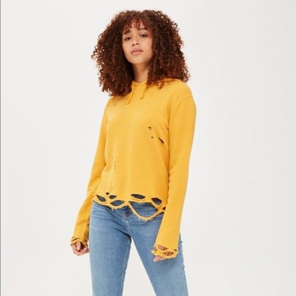 TopShop Yellow Marigold Distressed Hoodie Size 8 100% Cotton